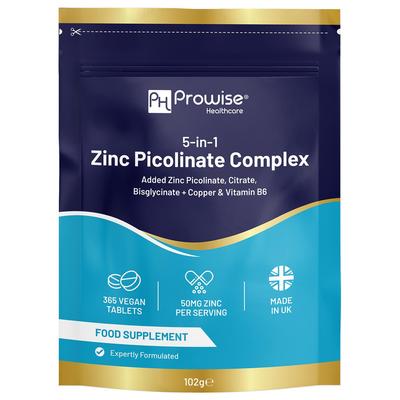 5-in-1 Zinkpicolinat-Komplex 50 mg | 365 Vegane Tabletten | Hergestellt im Vereinigten Königreich von Prowise