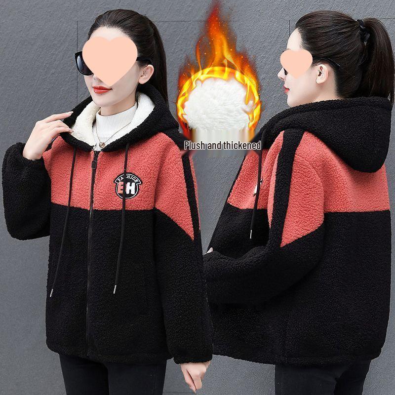 Women s Plus Size Hooded Lambswool Coat - Velvet-Thickened Warm Cotton Jacket, Stylish Granular Fleece for Autumn/Winter. XL (Recommended 90-110 Jin)