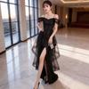 Black Shoulder Sequins Dress Mesh Splicing High Split Irregular Skirt Banquet Party Temperament Muse Fan