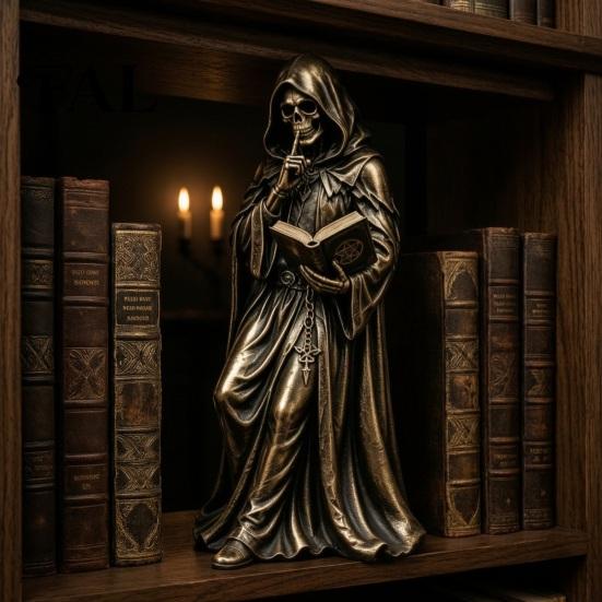 Haunted Bedroom Display Gothic Hooded Reaper Reading Book Resin Statue, Mystical Wizard Skull Figurine Artistic Statue Desktop Bookshelf Decor,