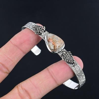 Natural Crazy Lace Agate Gemstone Bangle Adjustable 925 Silver For Women