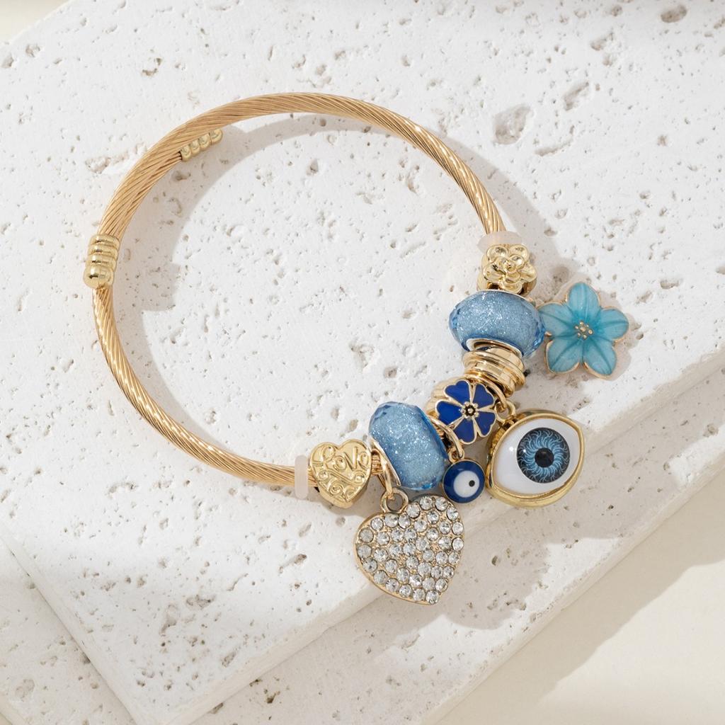 DIY Beaded Bracelet Blue Evil Eye Charm Rhinestone Heart Flower Fashion Jewelry Accessory for Women Girls