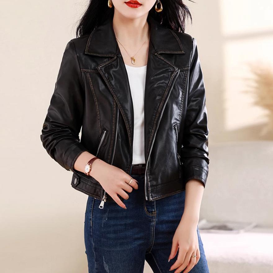 

Женская кожаная куртка, пальто, весна и осень, новый дизайн, ретро, мотоциклетная кожаная куртка, маленький короткий топ XXL чёрный