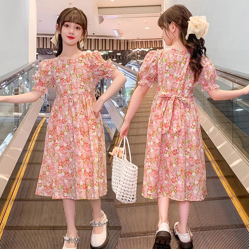Girls' Summer Dress Cotton Dress Floral Puff Sleeve French Forest Oil Painting Style Sweet Cotton Dress