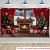 2D Flat Winter Christmas Garage Banner, Cozy Fireplace & Snowy Window Party Background