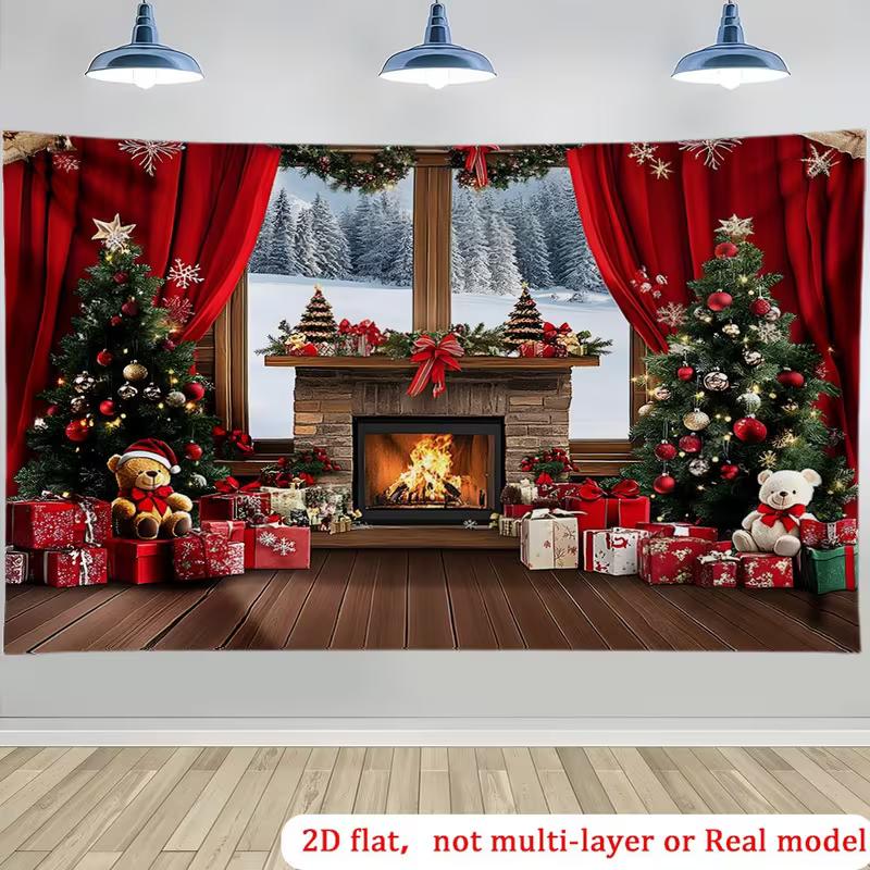 2D Flat Winter Christmas Garage Banner, Cozy Fireplace & Snowy Window Party Background