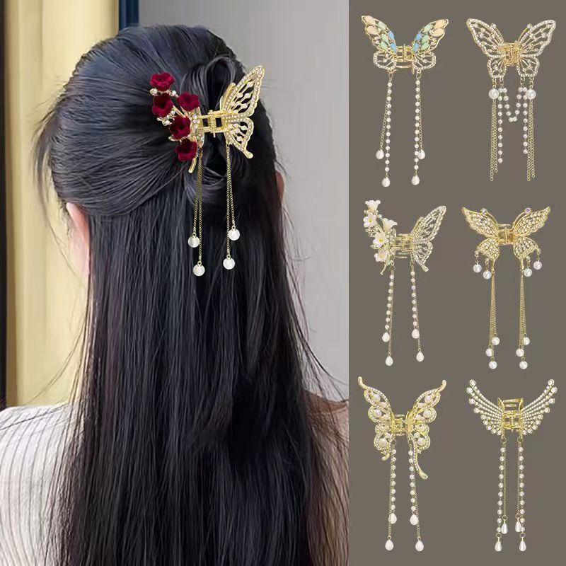 New Exquisite Rhinestone Butterfly Fringe Hair Claw Clips Korean Ponytail Braid Pearl Hairpin Girl Crab Metal Headdress Gift