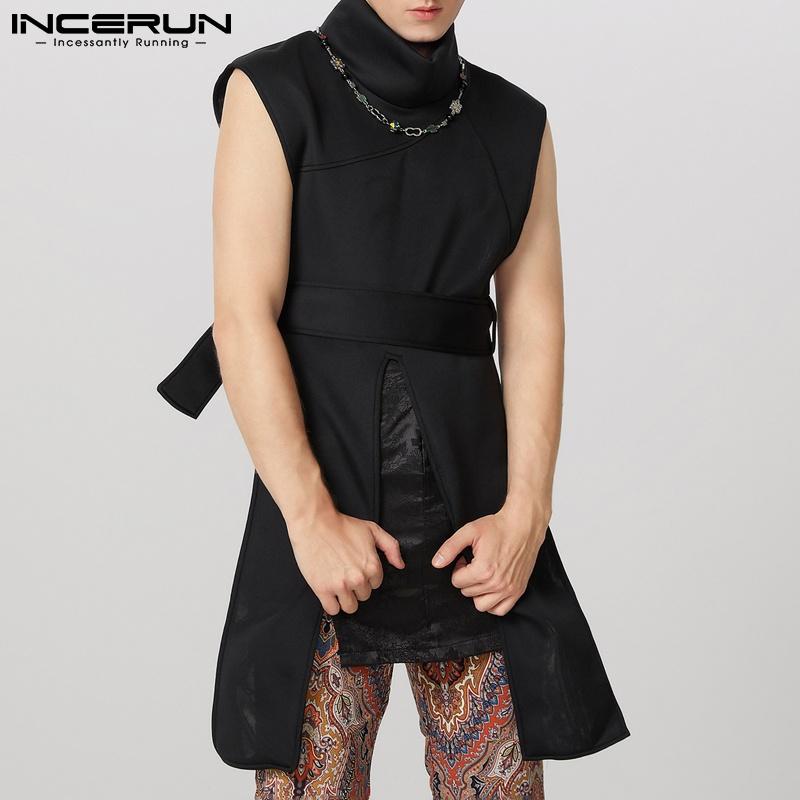 

INCERUN Мужские топы-майки с высоким воротом, без рукавов, с поясом, повседневные, с высоким низом и разрезами 3XL чёрный