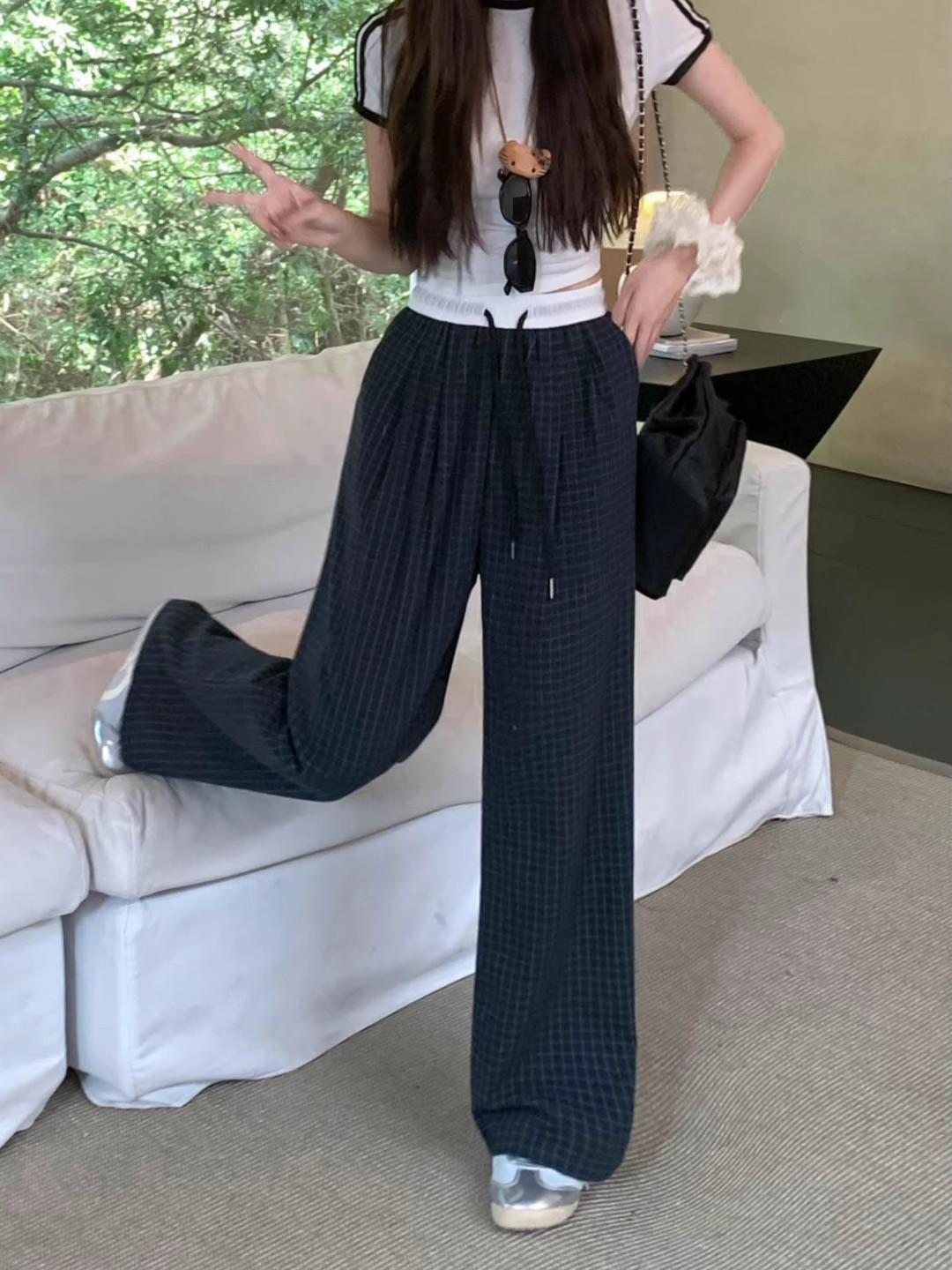 

Женские брюки в клетку в стиле ретро, весна 2025 - Брюки прямого кроя в пол 4XL темно-синий