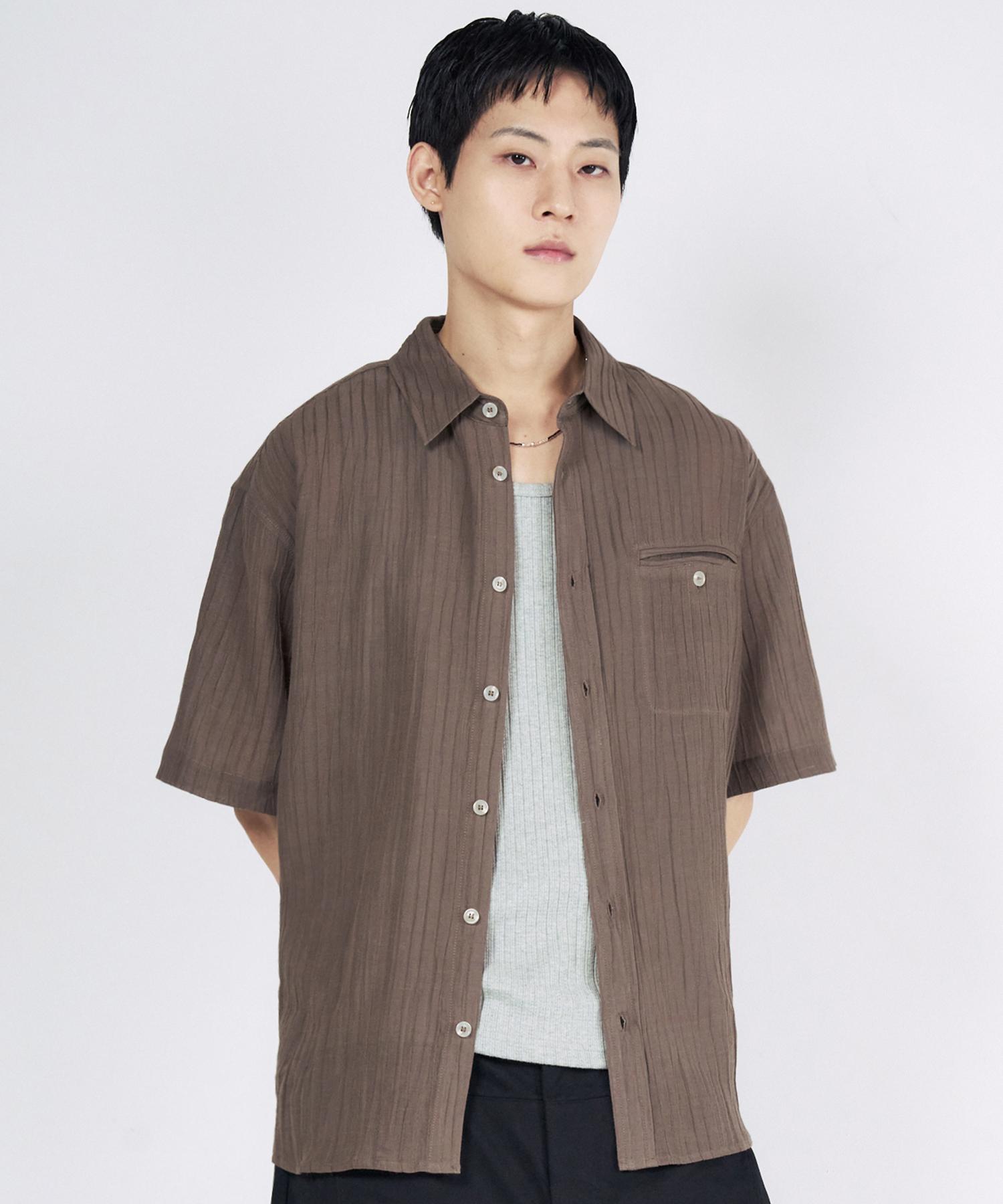 Slow Acid Pleated Linen Short Sleeve Shirt [Brown] Brown/L