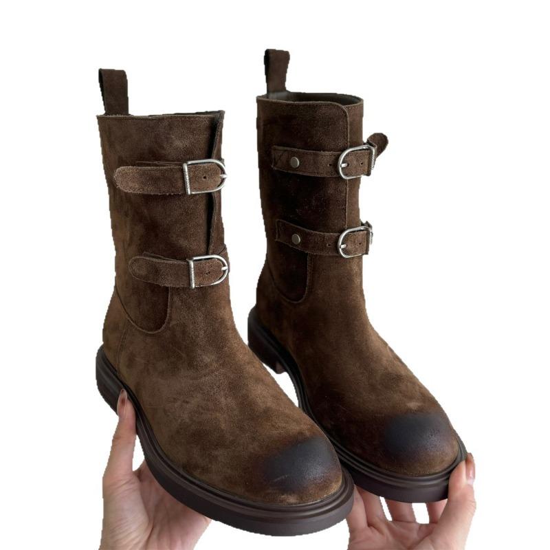 Sheepskin Version Retro Fashion Belt Buckle Western Cowboy Boots Slim Short Boots Women's Martin Boots Locomotive Boots