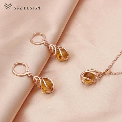 Mode élégant Simple creux goutte d'eau boucles d'oreilles pendantes ensembles de bijoux pour les femmes couleur or Rose pendentif collier