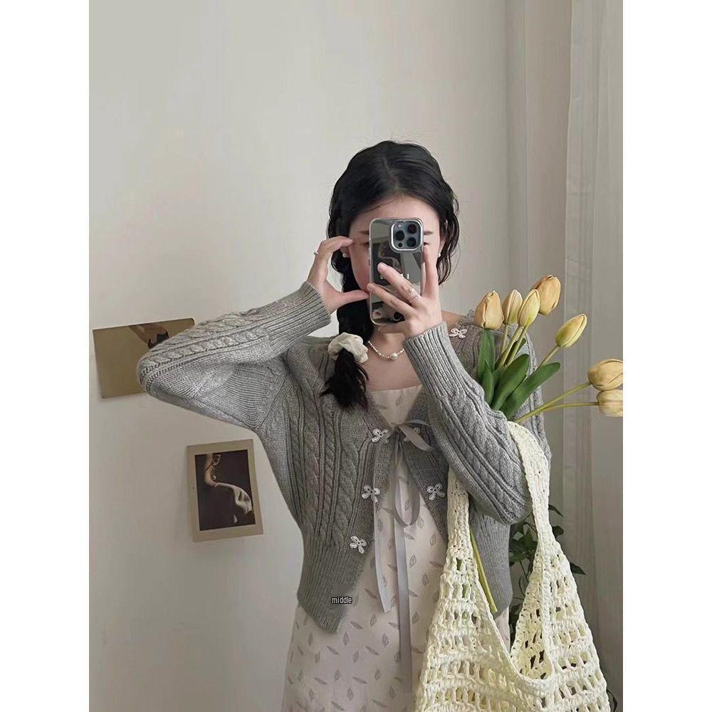Korean-Style Women's Autumn Knit Cardigan with Tie Design