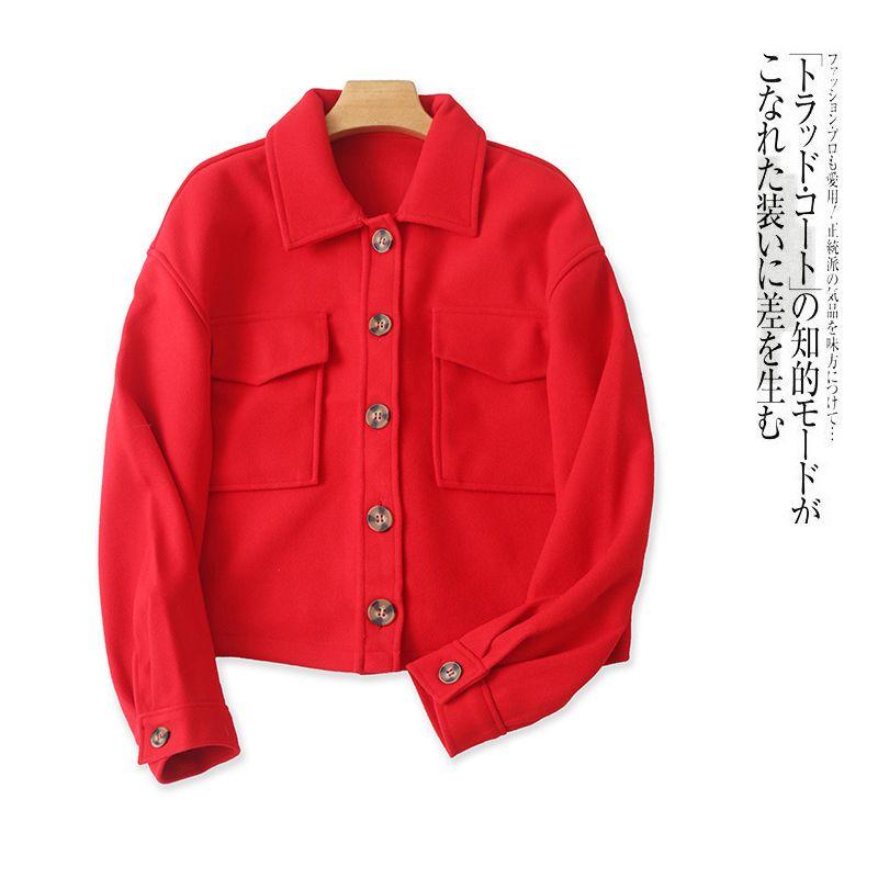

Short Woolen Coat Fall and Winter New Arrival Foreign Trade Women s Clothing Younger Fashion Lapel Single Breasted Pure Color Tops 27444 Red B- 19-24-1 L