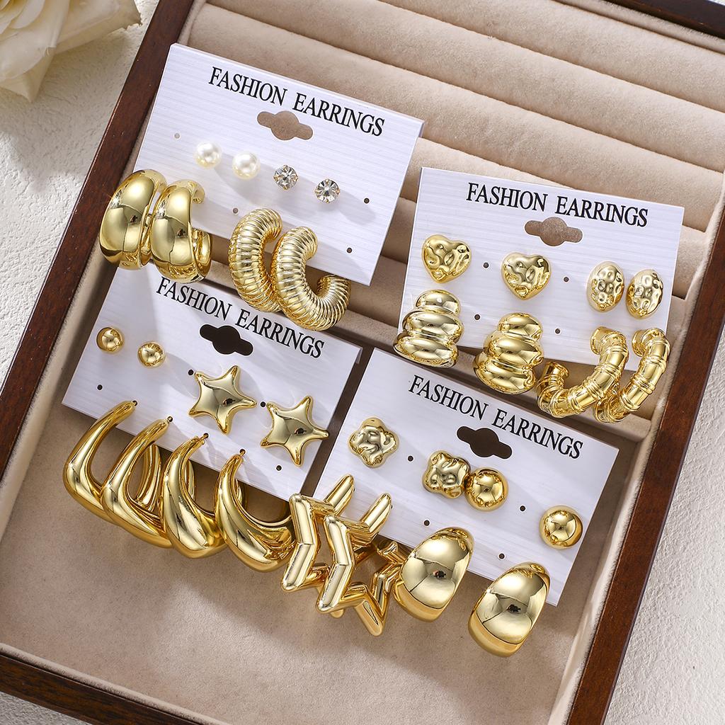 16 Pairs Punk Geometry CCB Earrings Set For Women Fashion Creative Pearl Water Drop Heart Thick Stud Earring Daily Party Jewelry