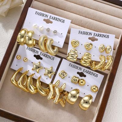 16 Pairs Punk Geometry CCB Earrings Set For Women Fashion Creative Pearl Water Drop Heart Thick Stud Earring Daily Party Jewelry