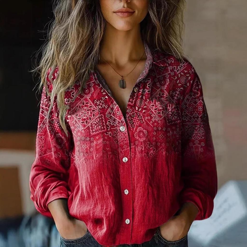 2025 Women's Retro Print Long Sleeve Casual Shirt - Spring/Summer Cotton-Linen Blend