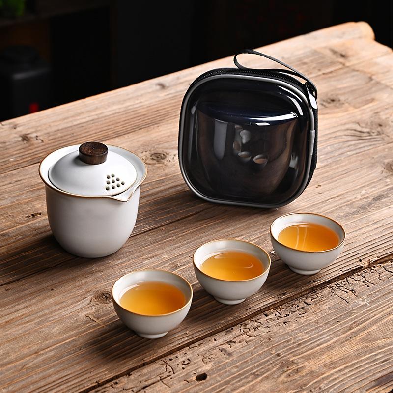 Ru Kiln Set Travel Tea Set Kuaike Cup One Pot Three Cups Storage Bag Portable Outdoor Souvenir Gifts