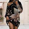 Women Plus Size One Shoulder Long Sleeve Floral Print Black Tunic Dress