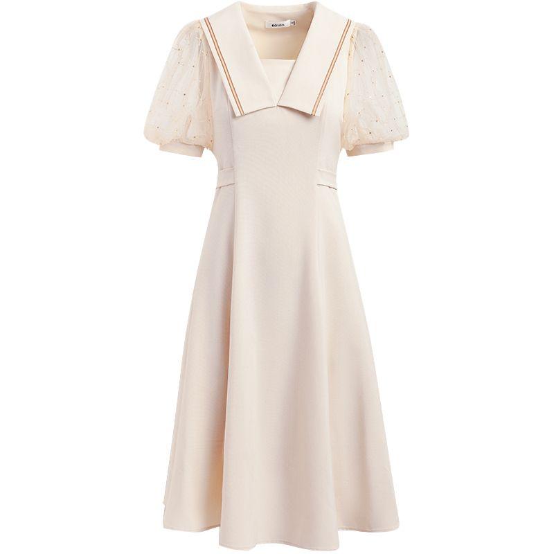 

Ouruier Apricot Dress Women Summer French style Platycodon Grandiflorum Waist Hugging Sailor Collar Temperament Small Figure Slimming Long dress Apricot-In Stock 155/80A/S