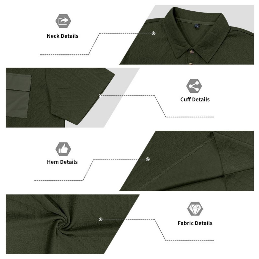 Men Heavyweight Loose Fit Jacquard Polo Shirt Workwear Multi Pocket Casual Short Sleeve Outdoor Shirt with Contrast Details