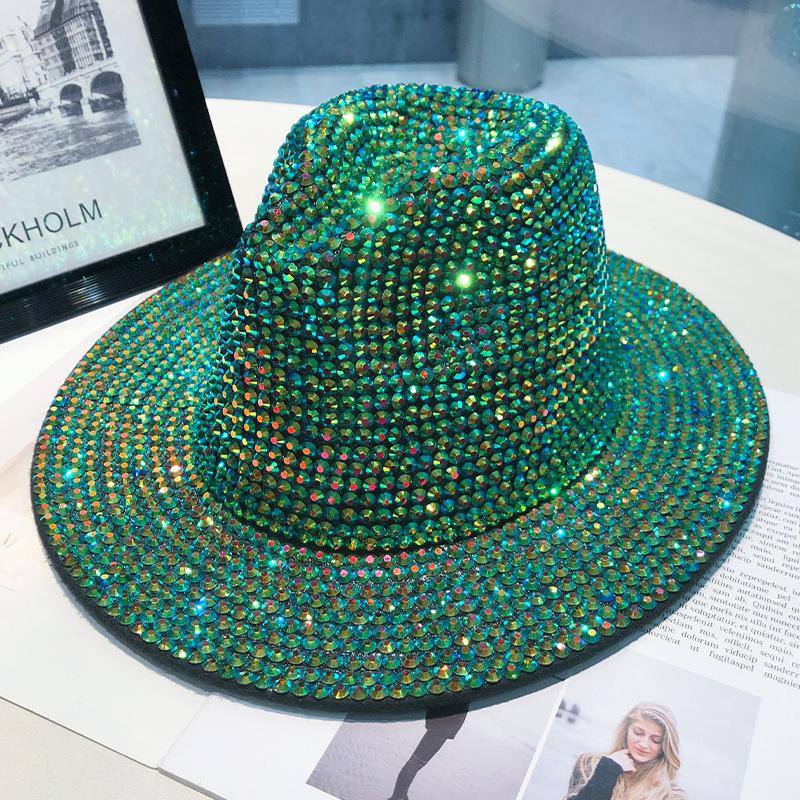 Chapeau femme automne et hiver mode strass élégant chapeau jazz rétro britannique polyvalent chapeau haut en laine incrusté de diamants tendance