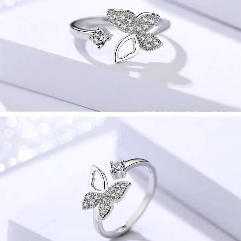 Korean-Style 925 Silver Butterfly Open Zircon Ring for Women – Elegant and Simple Design