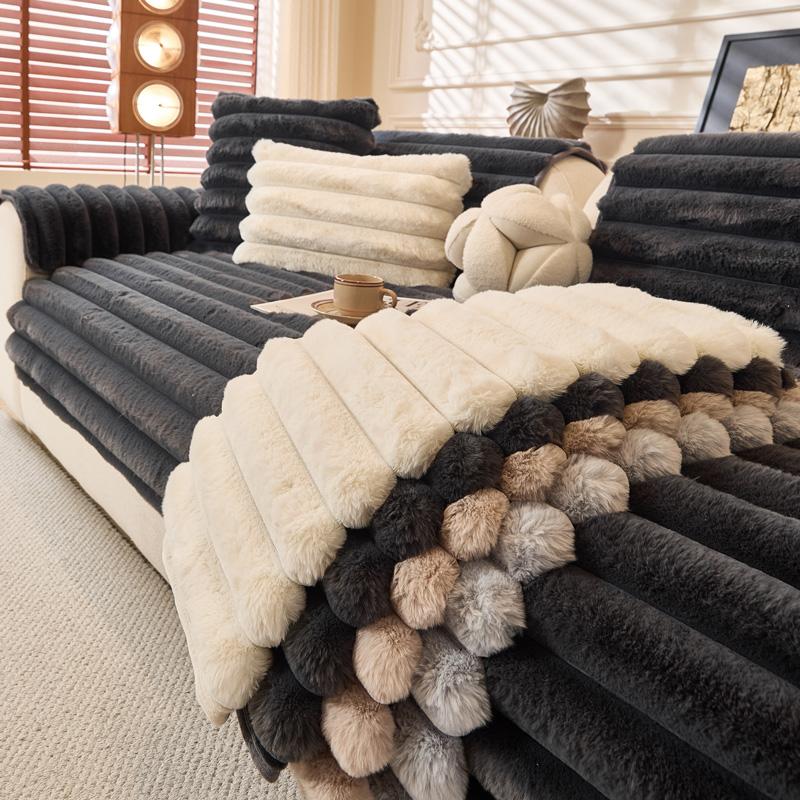 Thicken Plush Stripe Immitation Rabbit Fur Non-Slip Sofa Cover, for Winter Living Room Couch Seat Decor Slipcover Sofa Towel