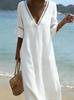Boho vyšívaný V-výstřih Lněný plážový kaftan Bavlněné šaty pro ženy
