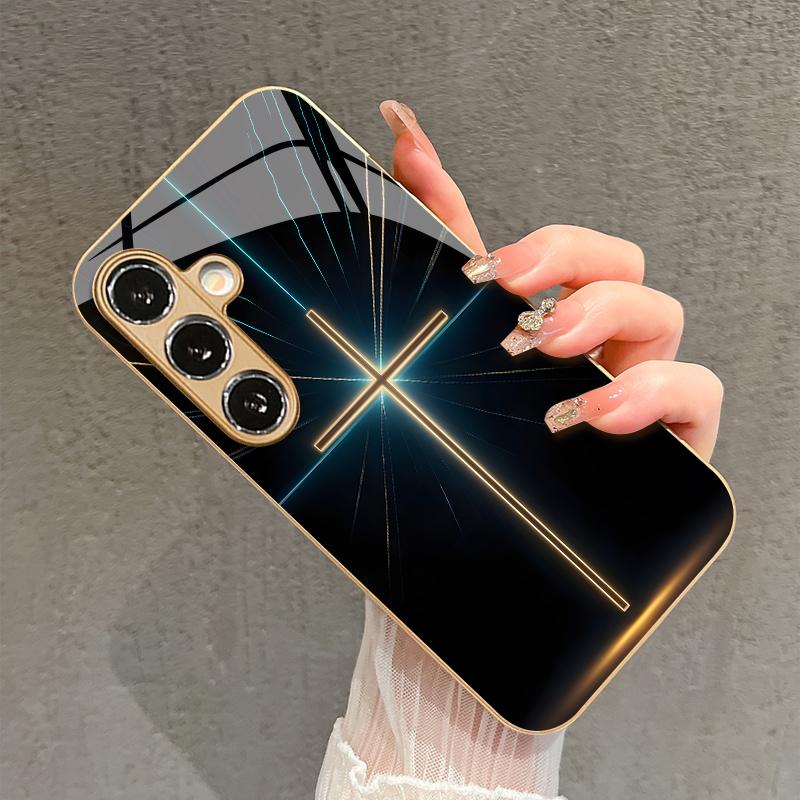 Neon Cross Pattern 2D Phone Case for Samsung S26 S25 S24 S23 S22 S21 S20 A56 A36 A16 Gold Glass Protective Cover
