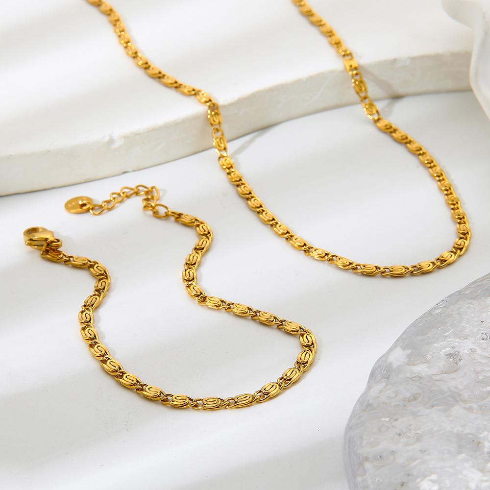 Hot Sale 18k Gold Plated Back Plain Chain Stainless Steel Bracelet Necklace Fashion Versatile Stacked Jewelry Set