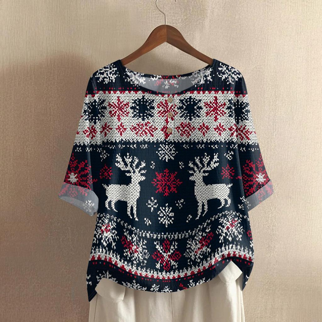 Women's Fashionable And Casual Shirt Half-sleeve Round Neck Print Cotton And Linen Blouse Top