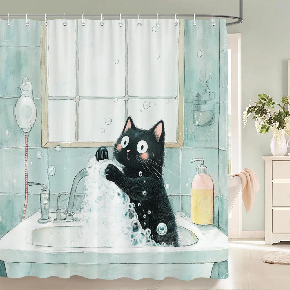 Minimalistisk stil Katt Hund Duschdraperi Intressant och Kreativt Djurtryckt Badkarsdekoration Badrumsgardin Med Krokar