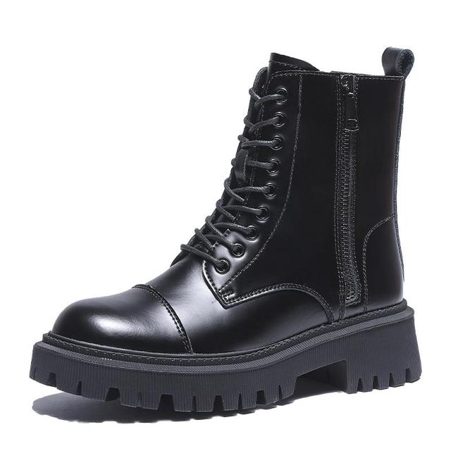 Svarta Martin-kängor Dam Ko Läderskor Platå Grova Kängor Snörning Ankelkängor Vinter Höst Dragkedjeskor