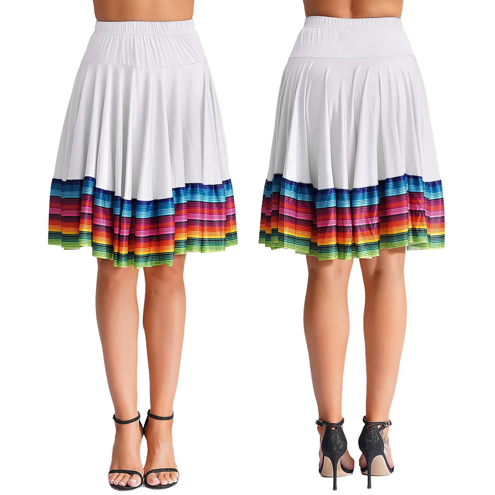 

Womens Colorful Stripe Hem Skirt Elastic Waistband Flamenco Ballroom Dance Folk Dancing Stage Performance Skirt 5XL