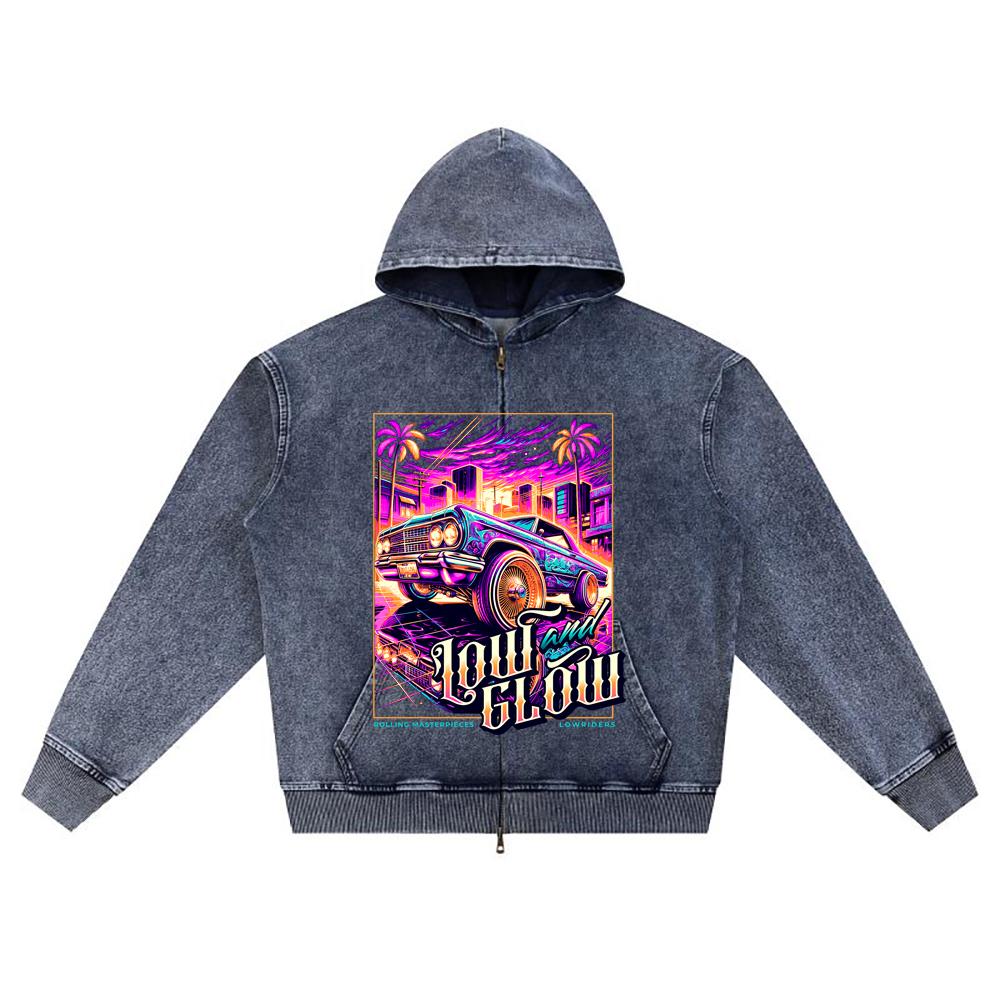 

DTG print Knitted Denim Zip-Up Hoodie Low and Glow Brother Print Zipper Hoodies XL