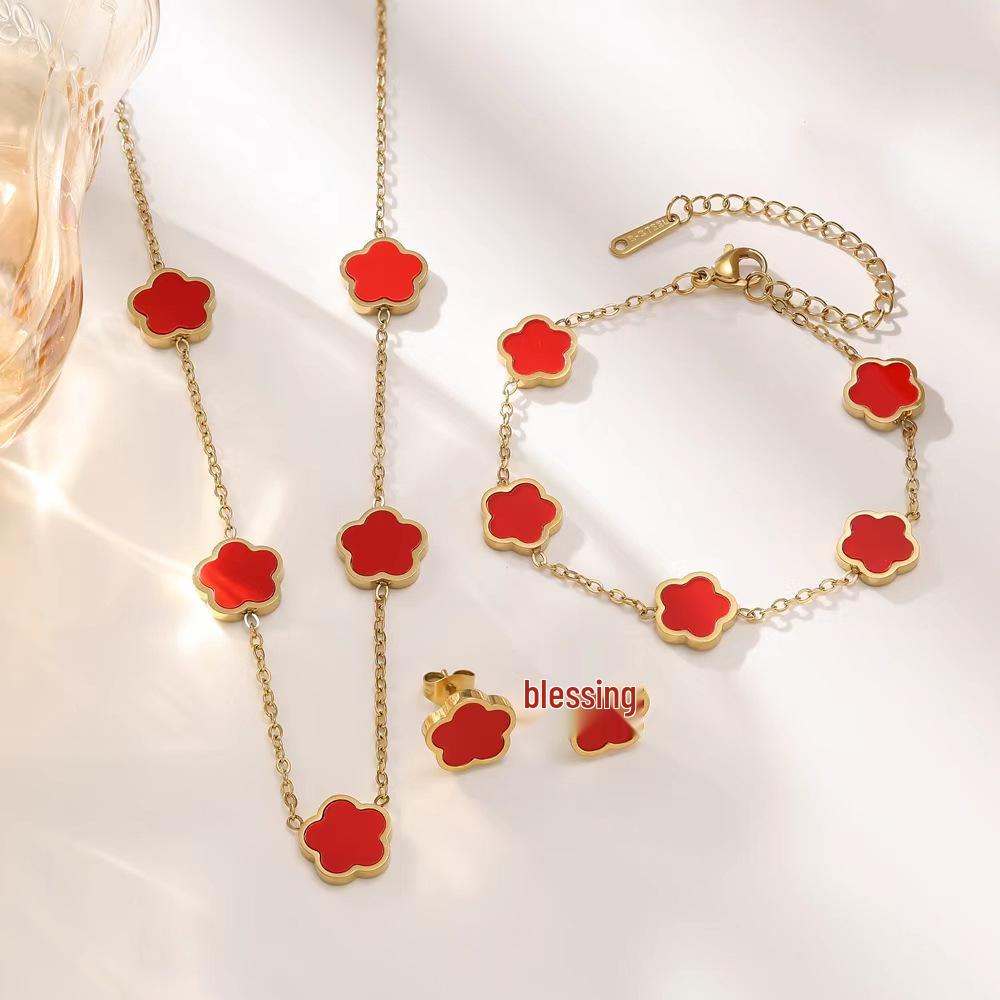 18K Gold Luxury Titanium Steel Shell Flower Jewelry Set: Bracelet, Necklace & Stud Earrings for Women