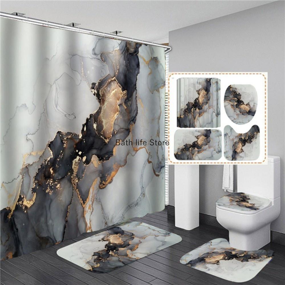 White Marble Shower Curtain Luxury Golden Modern With Non Slip Rug Mat Bathroom Curtain Waterproof Polyester Home Decor 180x180
