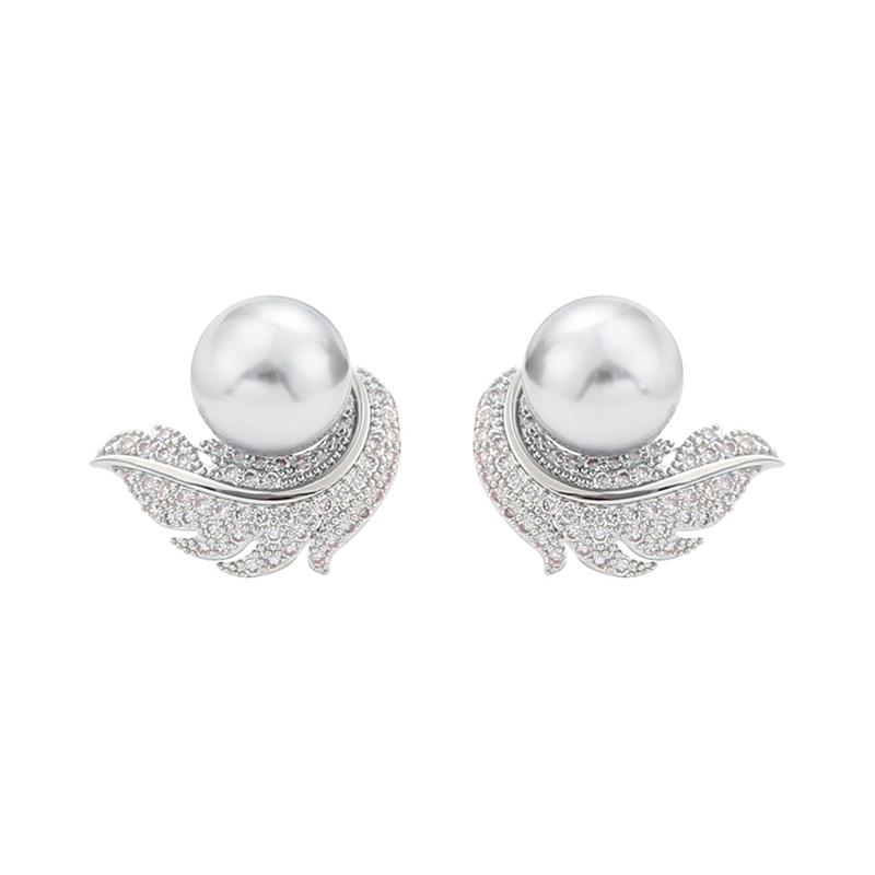 Huitan Micro Pave Cz Earrings with Feather Shape Female Aesthetic Luxury Zircon Chic Simulated Pearl Accessories for Engagement