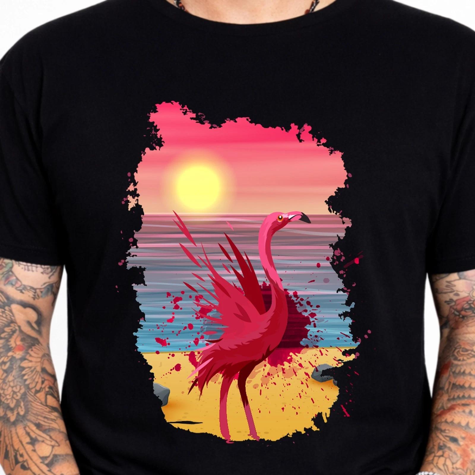 Flamingo Sunset Beach Graphic Tee Tropical Bird Ocean Art T-Shirt. M