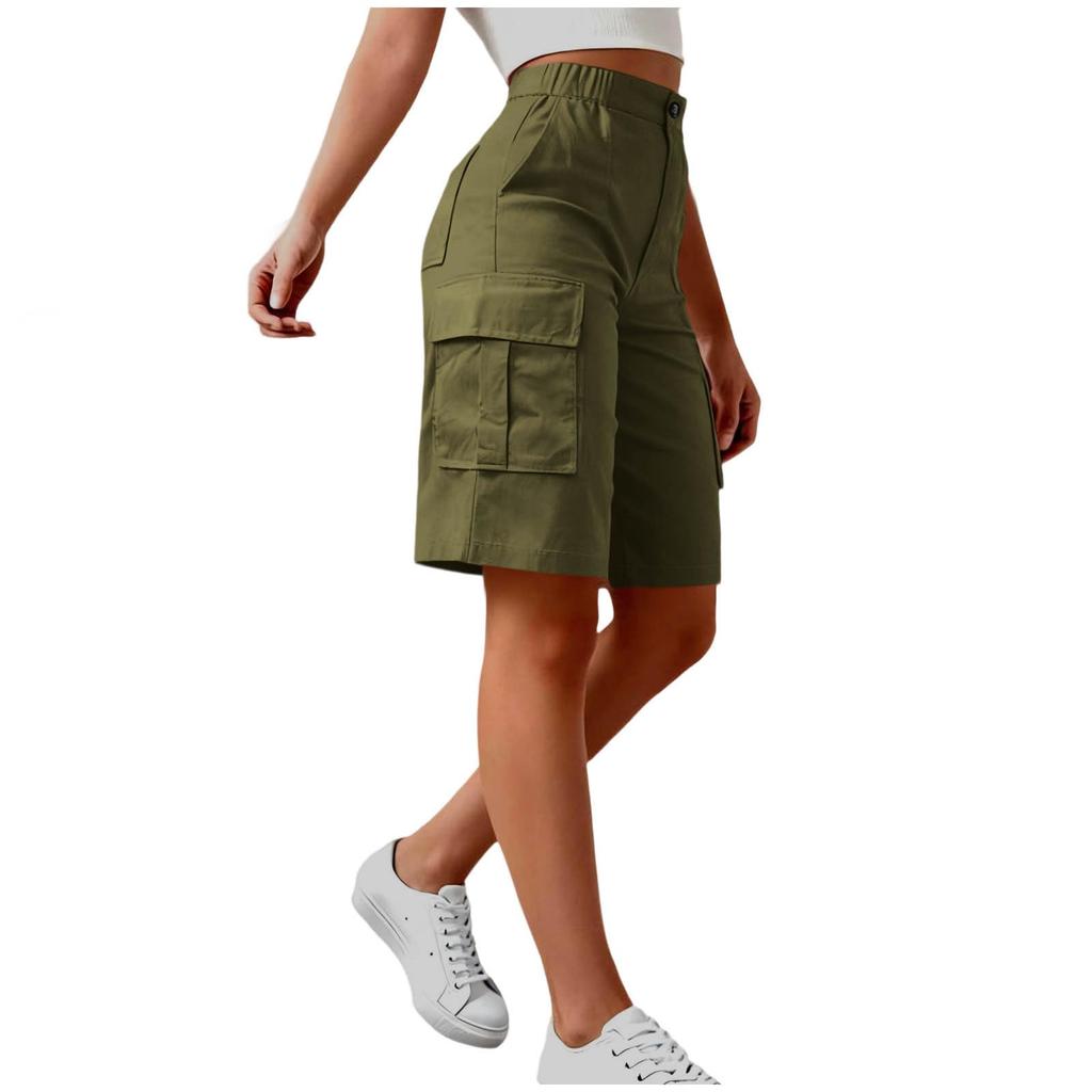 Cargo Shorts For Women Knee Length Casual Shorts Elastic Waist Hiking Workout Travel Shorts