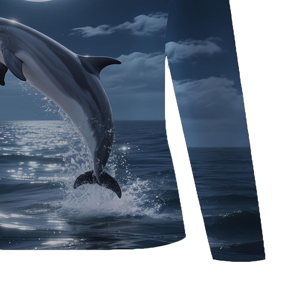 Women's Dolphin Leaping Print Long-sleeved T-shirt Can Be Worn In All Seasons, Shopping, and Casual