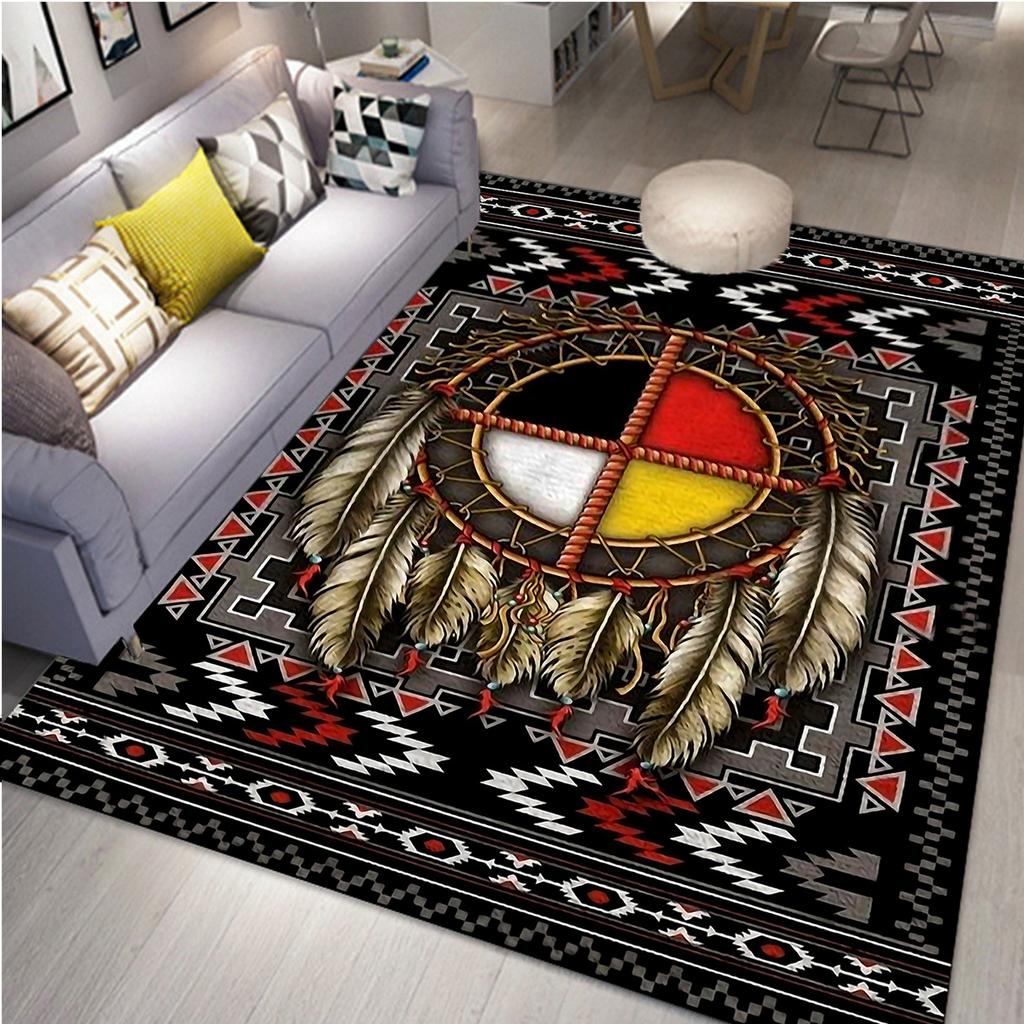 1pc Native American Medicine Wheel Feather Area Rug Southwestern Southwestern Native Inspired Decorative Non-Slip Floor Mat