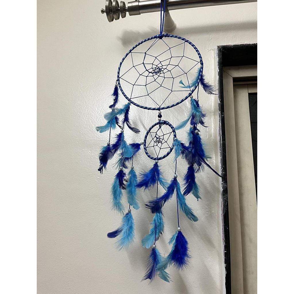 Catchers Wall Hangings, Home Décor, Handmade Dreamcatcher for Bedroom, Balcony, Garden, Party, Café, Small Ring Beaded Blue & Light Blue Feathers