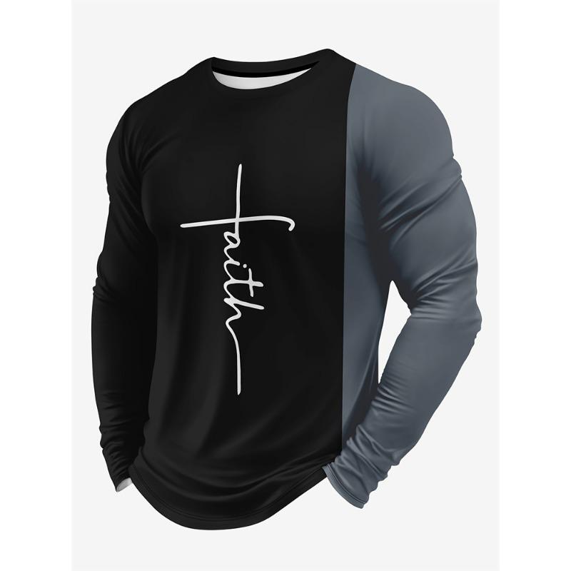 Spring And Summer Casual Men's Round Neck Long Sleeve T Shirt Cross Printed Solid Color Patchwork Long Sleeve Fashion Men's