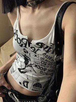 Y2K E-Girl Punk Print Αμάνικο μπλουζάκι με ραβδώσεις για γυναίκες της δεκαετίας του 2000 Crop Top Summer Fairy Grunge 90s Hippie Tee Κορέα Μόδα