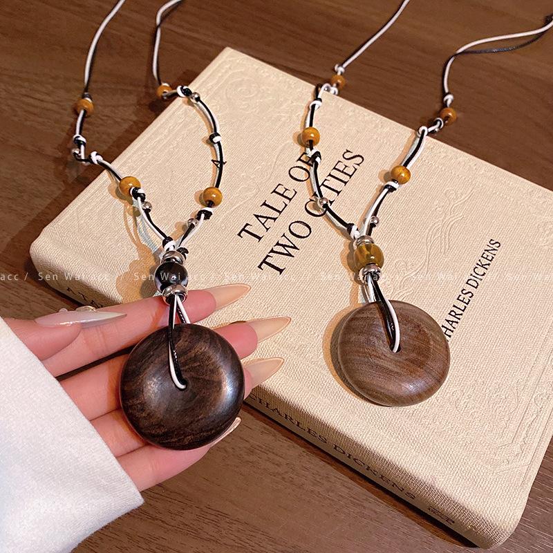 New Chinese wooden safety buckle pendant necklace female retro ethnic style pull rope sweater chain necklace