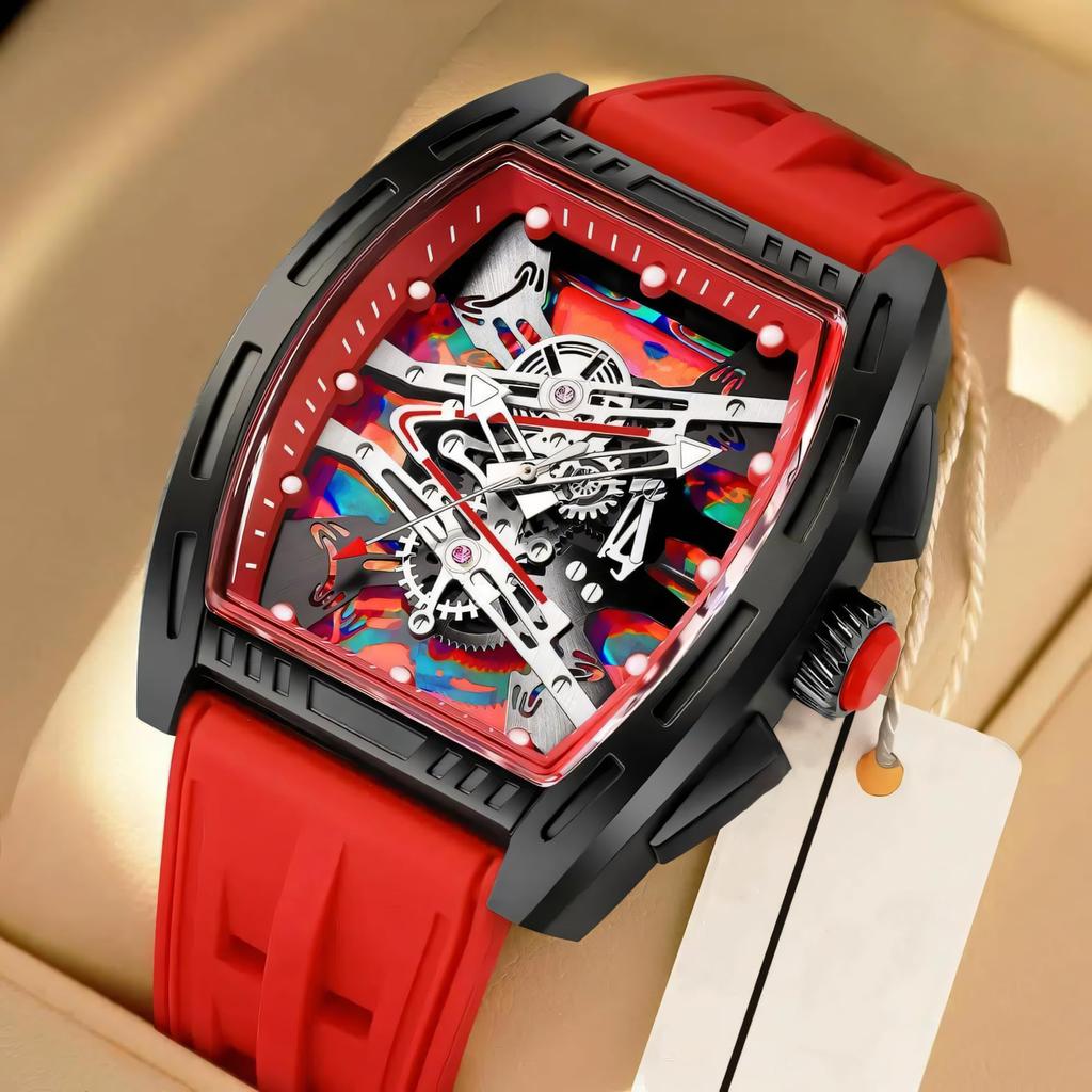 New Business Cool Wine Barrel Shaped Hollowed Dial Men's Wristwatch Silicone Strap Waterproof Luminous Quartz Male Watch