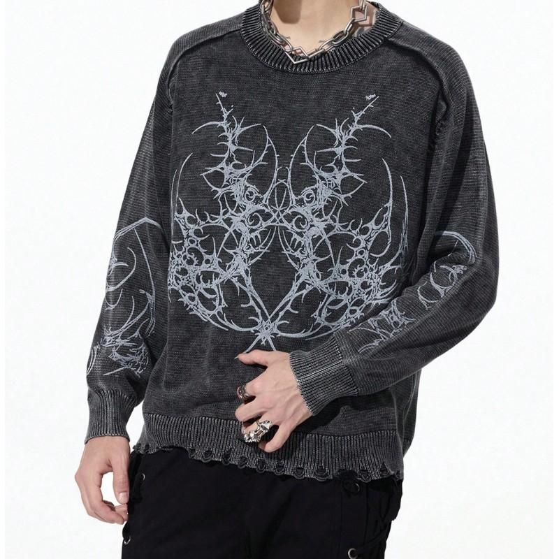 Unisex Oversized Knit Sweater With 3D Jacquard Round Neck Long Sleeve Loose Fit Winter Streetwear
