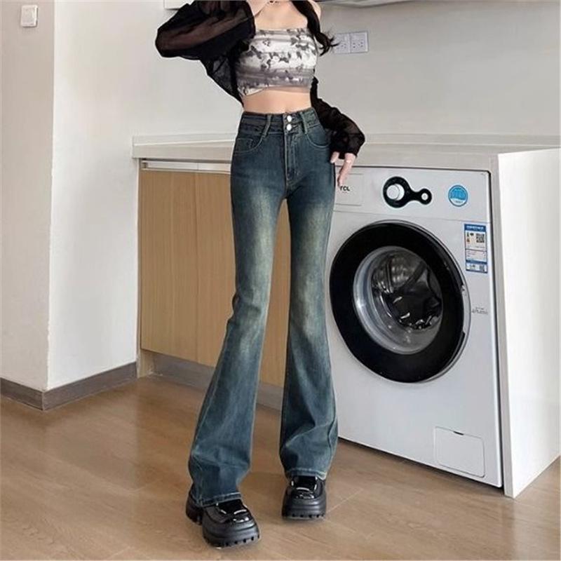 

Women s Black-Gray Fleece-Lined High-Waisted Micro-Flare Jeans, Autumn/Winter 2025 Retro Style, Slimming Extra-Long Bell-Bottom Pants. Large